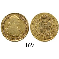 Madrid, Spain, bust 1 escudo, Charles IV, 1797MF. CT-496; KM-434. 3.3 grams. Attractively toned AXF