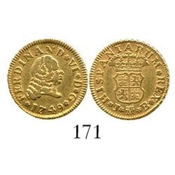 Madrid, Spain, bust 1/2 escudo, Ferdinand VI, 1749JB. CT-245; KM-378. 1.7 grams. Lightly red-toned X