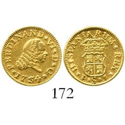 Seville, Spain, bust 1/2 escudo, Ferdinand VI, 1754PJ. CT-267; KM-374. 1.8 grams. Lustrous XF+, no p