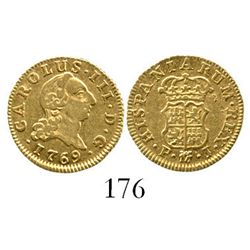 Madrid, Spain, bust 1/2 escudo, Charles III (first bust), 1769PJ. CT-763; KM-389.1. 1.7 grams. Choic