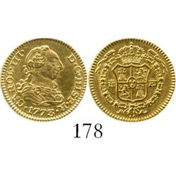 Madrid, Spain, bust 1/2 escudo, Charles III, 1773PJ. CT-767; KM-415.1. 1.8 grams. Lustrous Mint Stat