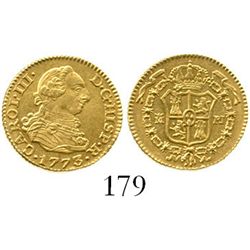 Madrid, Spain, bust 1/2 escudo, Charles III, 1773PJ. CT-767; KM-415.1. 1.8 grams. Choice Mint State