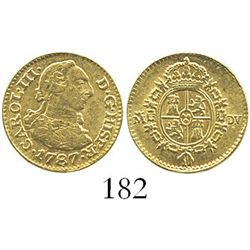 Madrid, Spain, bust 1/2 escudo, Charles III, 1787DV. CT-779; KM-425.1. 1.7 grams. Lustrous AU-, pale