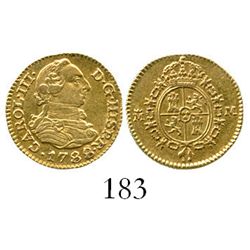 Madrid, Spain, bust 1/2 escudo, Charles III, 1788M. CT-781; KM-425.1. 1.8 grams. Faintly toned AU, l