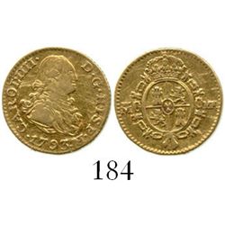 Madrid, Spain, bust 1/2 escudo, Charles IV, 1793MF, rare. CT-613; KM-433. 1.8 grams. Lightly toned A