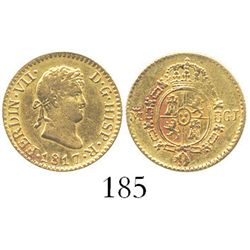 Madrid, Spain, bust 1/2 escudo, Ferdinand VII, 1817GJ. CT-360; KM-492. 1.7 grams. Bold XF with dark