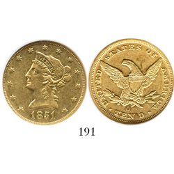 USA (New Orleans mint), $10 coronet (eagle), 1851-O, encapsulated NGC AU 55. KM-66.2.  Lustrous and