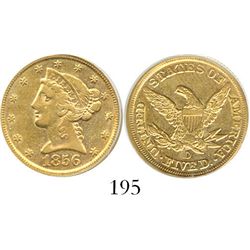 USA (Dahlonega mint), $5 coronet (half eagle), 1856-D, encapsulated PCGS XF45. KM-69.  Rather lustro