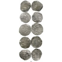 Lot of 5 Potosi, Bolivia, cob 8 reales, Philip III, various assayers (where visible), all Grade 1. K