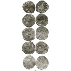 Lot of 5 Potosi, Bolivia, cob 8 reales, Philip III, various assayers (where visible), all Grade 1. K