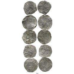 Lot of 5 Potosi, Bolivia, cob 8 reales, Philip III, various assayers (where visible), all Grade 1 ex