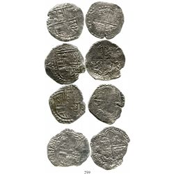 Lot of 4 Potosi, Bolivia, cob 8 reales, Philip III, assayers Q, M, T or not visible, Grade 2. KM-10.