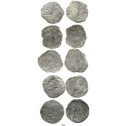 Lot of 5 Potosi, Bolivia, cob 8 reales, Philip III, various assayers (where visible), all Grade 2. K