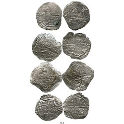 Lot of 4 Potosi, Bolivia, cob 8 reales, Philip III, assayers R, M or not visible, Grade 3. KM-10. 77