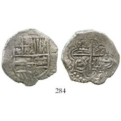 Potosi, Bolivia, cob 4 reales, Philip III, assayer not visible, Grade 1. KM-9. 13.1 grams. Very bold