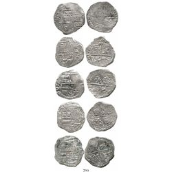 Lot of 5 Potosi, Bolivia, cob 4 reales, Philip III, assayers M or not visible, Grade 2. KM-9. 61.3 g