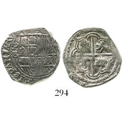 Potosi, Bolivia, cob 2 reales, Philip II, assayer B (5th period), borders of x's, Grade 1. S-P14; KM