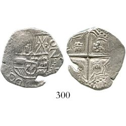 Potosi, Bolivia, cob 2 reales, Philip III, assayer not visible (style of 1618), Grade 1. KM-8. 6.5 g