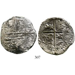 Potosi, Bolivia, cob 8 reales, Philip III, assayer not visible, quadrants of cross transposed, Grade