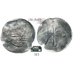 Mexico City, Mexico, cob 8 reales, Philip III, (1)6(??)F, Grade 1.  KM-44.3.  Deeply toned and corro