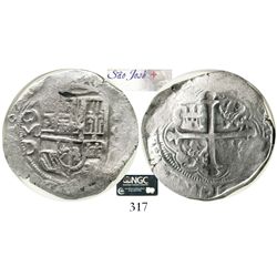 Mexico City, Mexico, cob 8 reales, 1620D, Grade 1. S-M18; KM-44.3; CT-117.  Spectacular full cross,