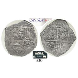 Potosi, Bolivia, cob 4 reales, (162)0T, Grade 2. S-P21; KM-9; CT-248.  Toned and lightly corroded, g