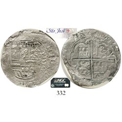 Toledo, Spain, cob 8 reales, 1599C, Grade 1, rare. CT-190.  Well-detailed full cross and shield, bol