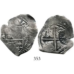 Potosi, Bolivia, cob 4 reales, (1651-2)E, crowned-(?) countermark on cross. S-P36; KM-17b. 7.2 grams