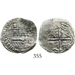 Potosi, Bolivia, cob 2 reales, (1650-1)O, rare. S-P35; KM-14b. 3.9 grams. Great full cross and shiel