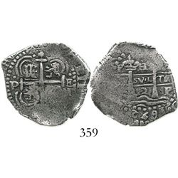 Potosi, Bolivia, cob 2 reales, 1652E transitional Type IV (post-transitional), H between pillars at