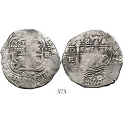 Potosi, Bolivia, cob 8 reales, 1654E. S-P37a; KM-21; CT-438. 25.3 grams. Bold full pillars, nearly f