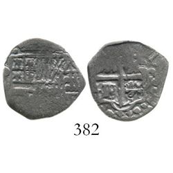 Potosi, Bolivia, cob 1 real, Philip IV, assayer not visible (1620s-1640s).  2.5 grams. Nearly full c