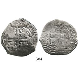 Potosi, Bolivia, cob 8 reales, 166(?)E.  18.5 grams. Good full crown and cross, full pillars above b
