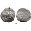 Image 1 : Potosi, Bolivia, cob 8 reales, 166(?)E.  18.5 grams. Good full crown and cross, full pillars above b