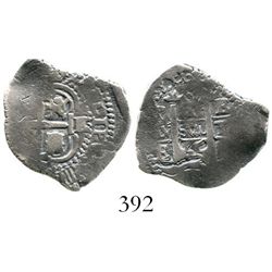 Potosi, Bolivia, cob 1 real, 1660E. S-P37a; KM-13; CT-1060. 3.1 grams. Odd shape, full pillars, off-