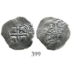Potosi, Bolivia, cob 1 real, 1668E. S-P37b; KM-23; CT-704. 2.0 grams. Good cross, one full pillar, w