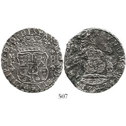 Mexico City, Mexico, pillar 8 reales, Philip V, 1733MF, scarce. KM-103. 21.7 grams. Nicely toned but