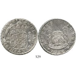 Mexico City, Mexico, pillar 8 reales, Philip V, 1735MF. KM-103; CT-779. 26.4 grams. Bold AU details,