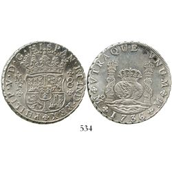 Mexico City, Mexico, pillar 8 reales, Philip V, 1736MF. KM-103; CT-780. 26.7 grams. Choice AU detail