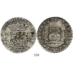 Mexico City, Mexico, pillar 8 reales, Philip V, 1737MF. KM-103; CT-781. 26.7 grams. Choice bold XF+