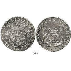 Mexico City, Mexico, pillar 8 reales, Philip V, 1738MF. KM-103; CT-783. 26.5 grams. Crisp AU details