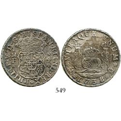 Mexico City, Mexico, pillar 4 reales, Philip V, 1738MF. KM-94; CT-1054. 12.9 grams. Bold XF details,