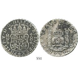 Mexico City, Mexico, pillar 8 reales, Philip V, 1737MF. KM-103; CT-781. 26.6 grams. Bold XF details,