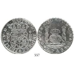 Mexico City, Mexico, pillar 8 reales, Philip V, 1743MF. KM-103; CT-795. 26.3 grams. Richly toned sat