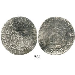 Mexico City, Mexico, pillar 4 reales, Philip V, 1738/7MF, rare. KM-94; CT-1053. 7.3 grams. Bold date