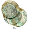 Image 1 : Clump of 3 Spanish colonial bust 2 reales.  21.1 grams. An evenly spread fan of coins, the reverse o
