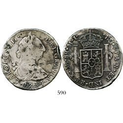 Lima, Peru, bust 8 reales, Charles III, 1784MI. KM-78; CT-867. 26.3 grams. Bold VF details, no corro