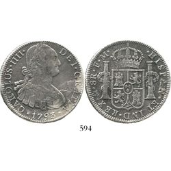 Mexico City, Mexico, bust 8 reales, Charles IV, 1793FM. KM-109; CT-686. 25.6 grams. Bold VF details,