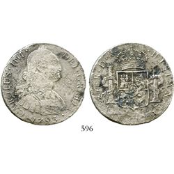 Santiago, Chile, bust 8 reales, Charles IV, 1793DA. KM-51; CT-738. 22.2 grams. Moderately corroded b