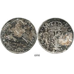Mexico City, Mexico, bust 8 reales, Charles IV, 1802FT. KM-109; CT-698. 26.7 grams. Deeply toned and
